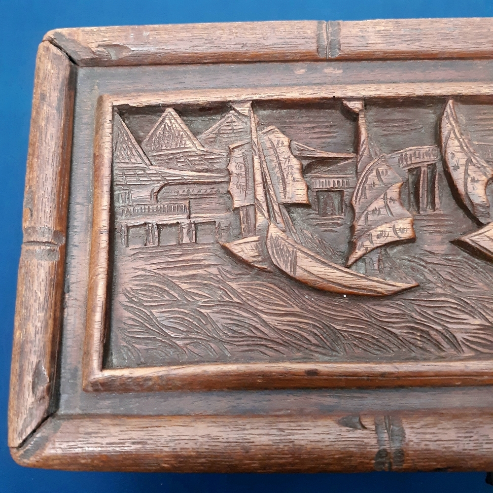 19th C Carved Rosewood Chinese Locking Antique Wooden Treasure Box Ships - Picture 14 of 16